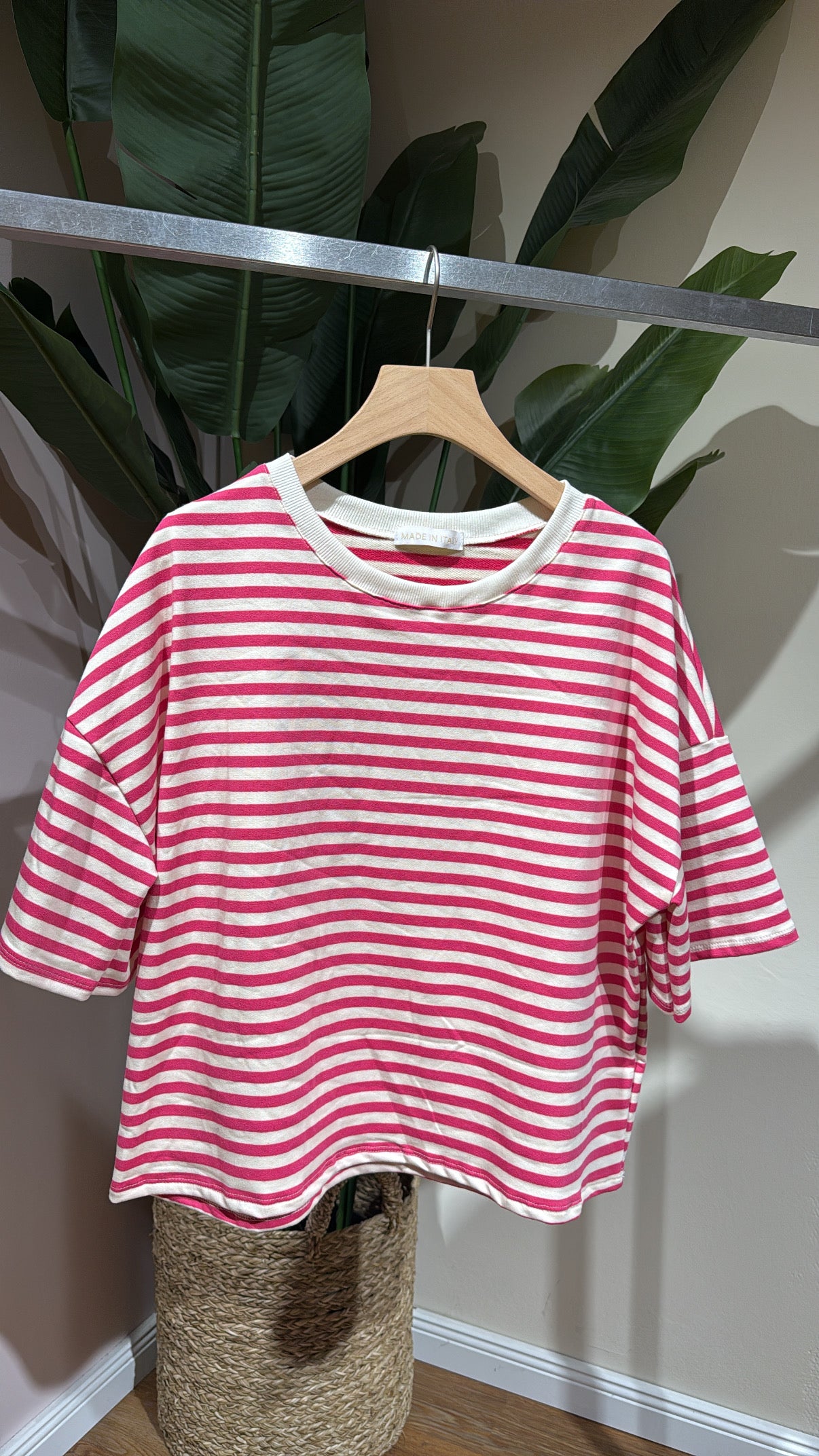 SHORT STRIPED COTTON TEE PINK BEIGE