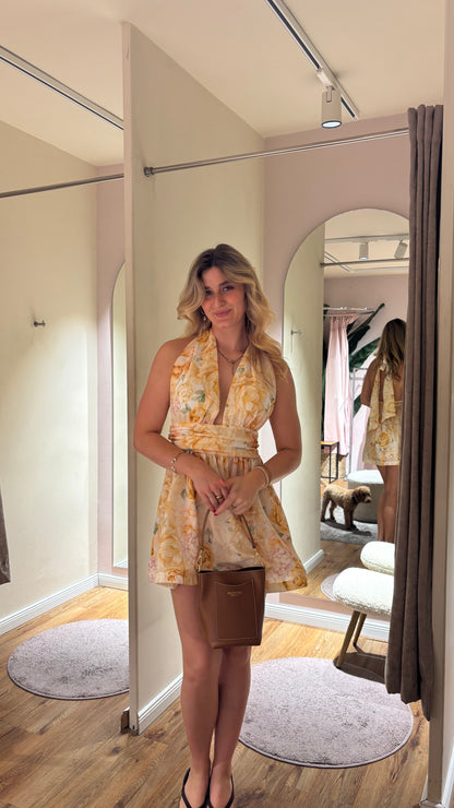 FLORAL NECKHOLDER MINI DRESS GELB