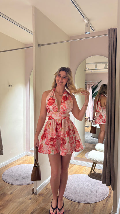 FLORAL NECKHOLDER MINI DRESS PINK