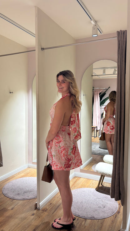 FLORAL NECKHOLDER MINI DRESS PINK