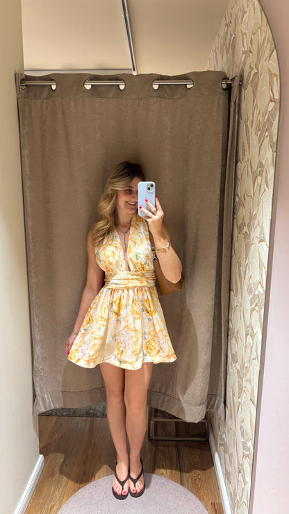 FLORAL NECKHOLDER MINI DRESS GELB