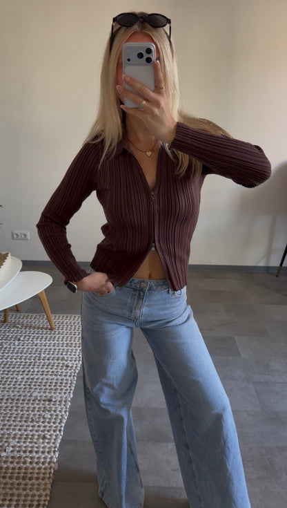 RIB ZIP CARDIGAN SCHOKOBRAUN