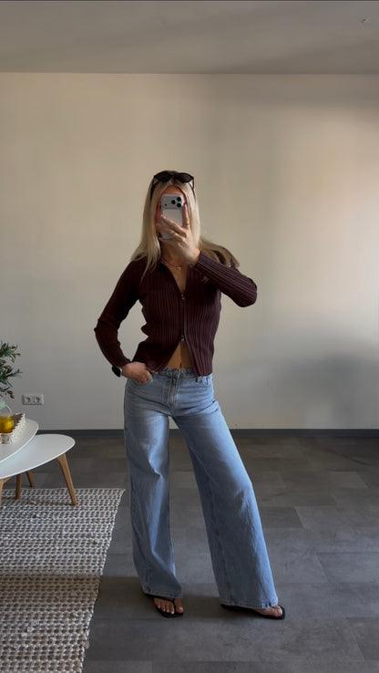 RIB ZIP CARDIGAN SCHOKOBRAUN