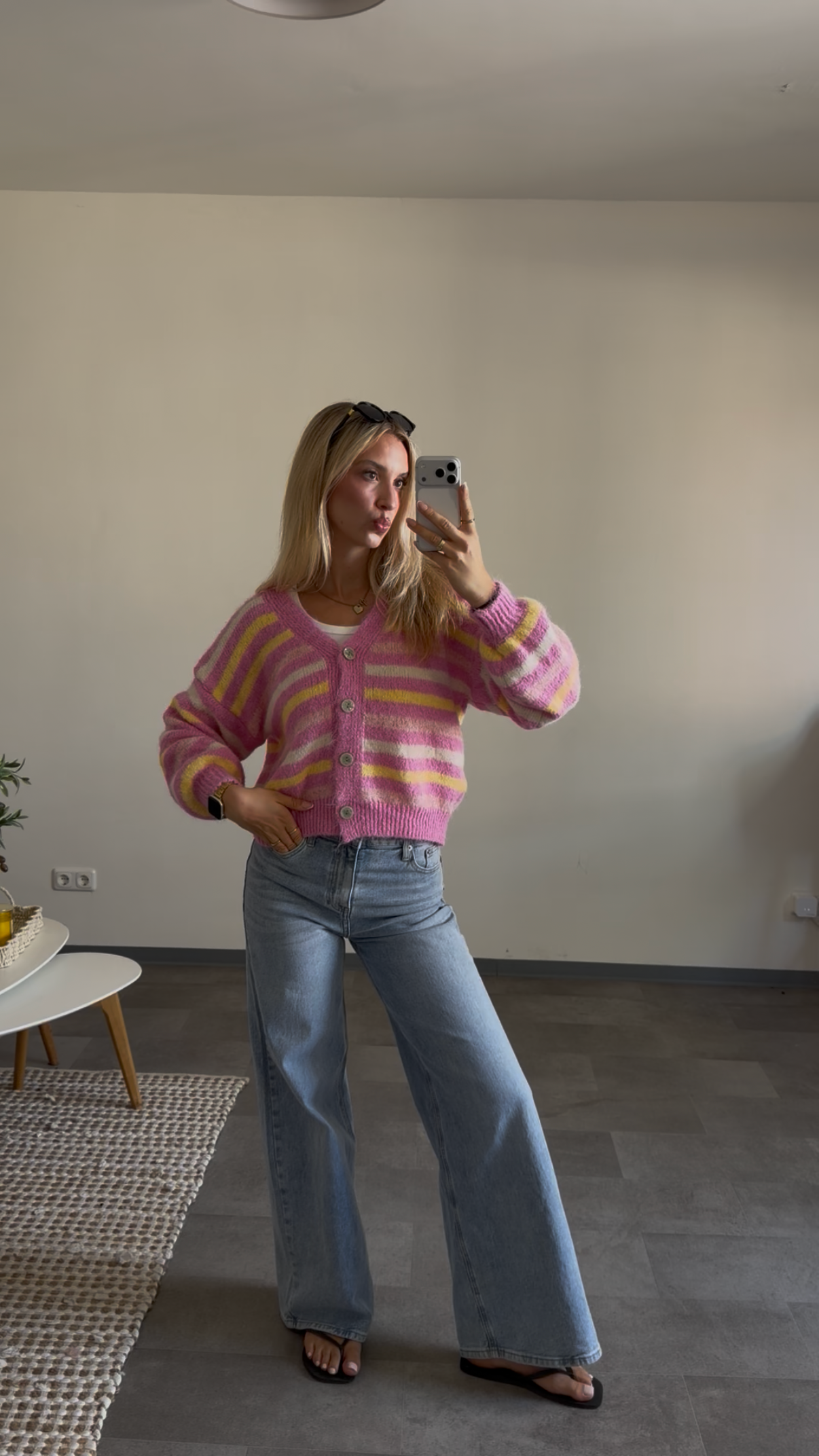 STRIPE BUTTON CARDIGAN STRAWBERRY LEMON