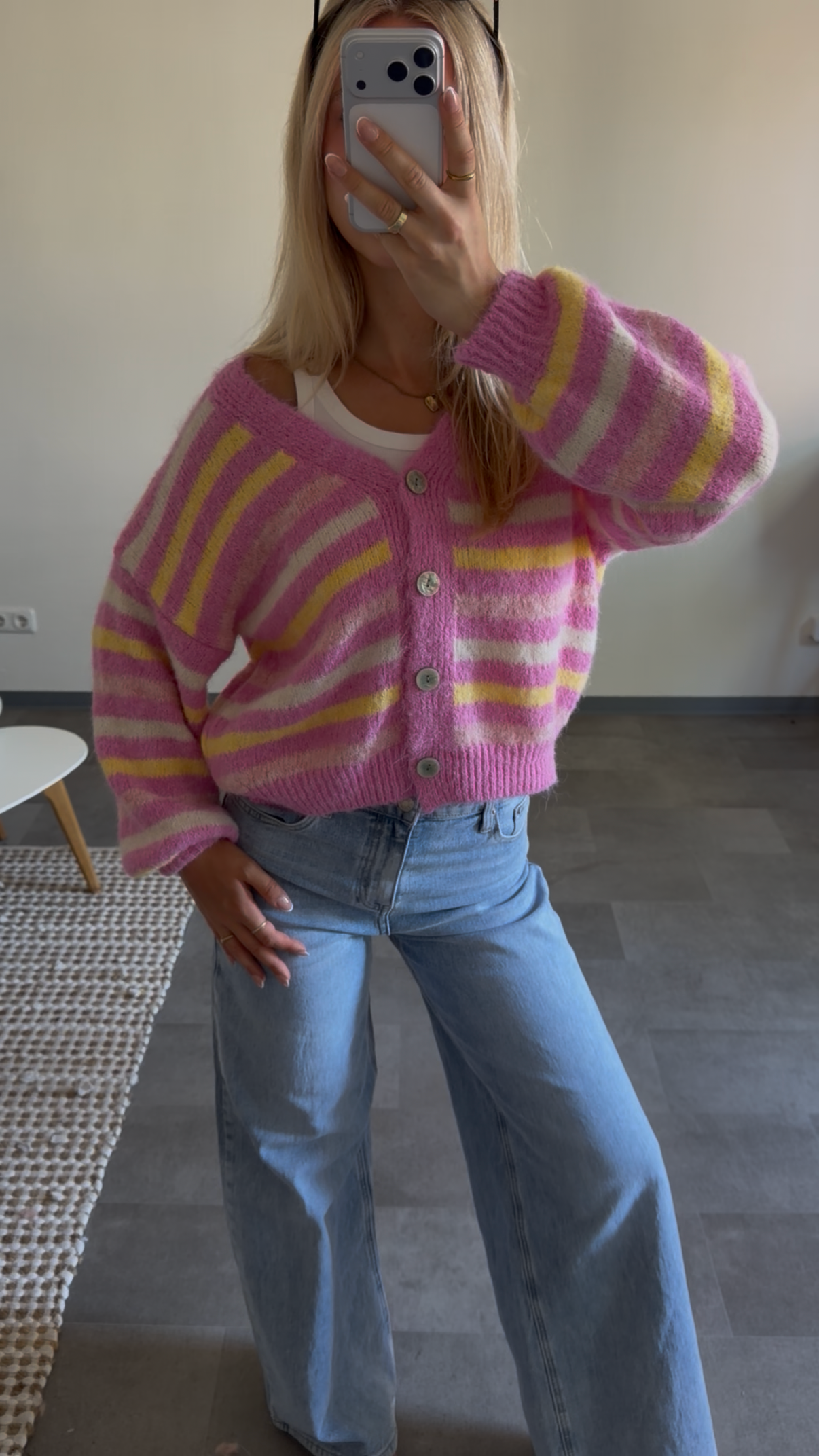 STRIPE BUTTON CARDIGAN STRAWBERRY LEMON