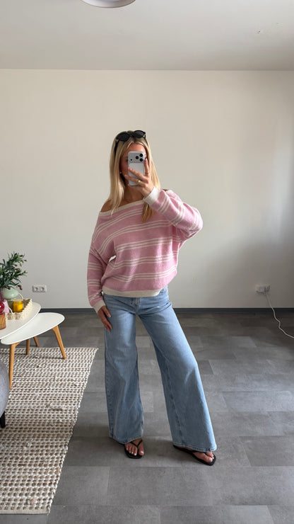 OFF-SHOULDER STRIPE KNIT PINK VANILLA
