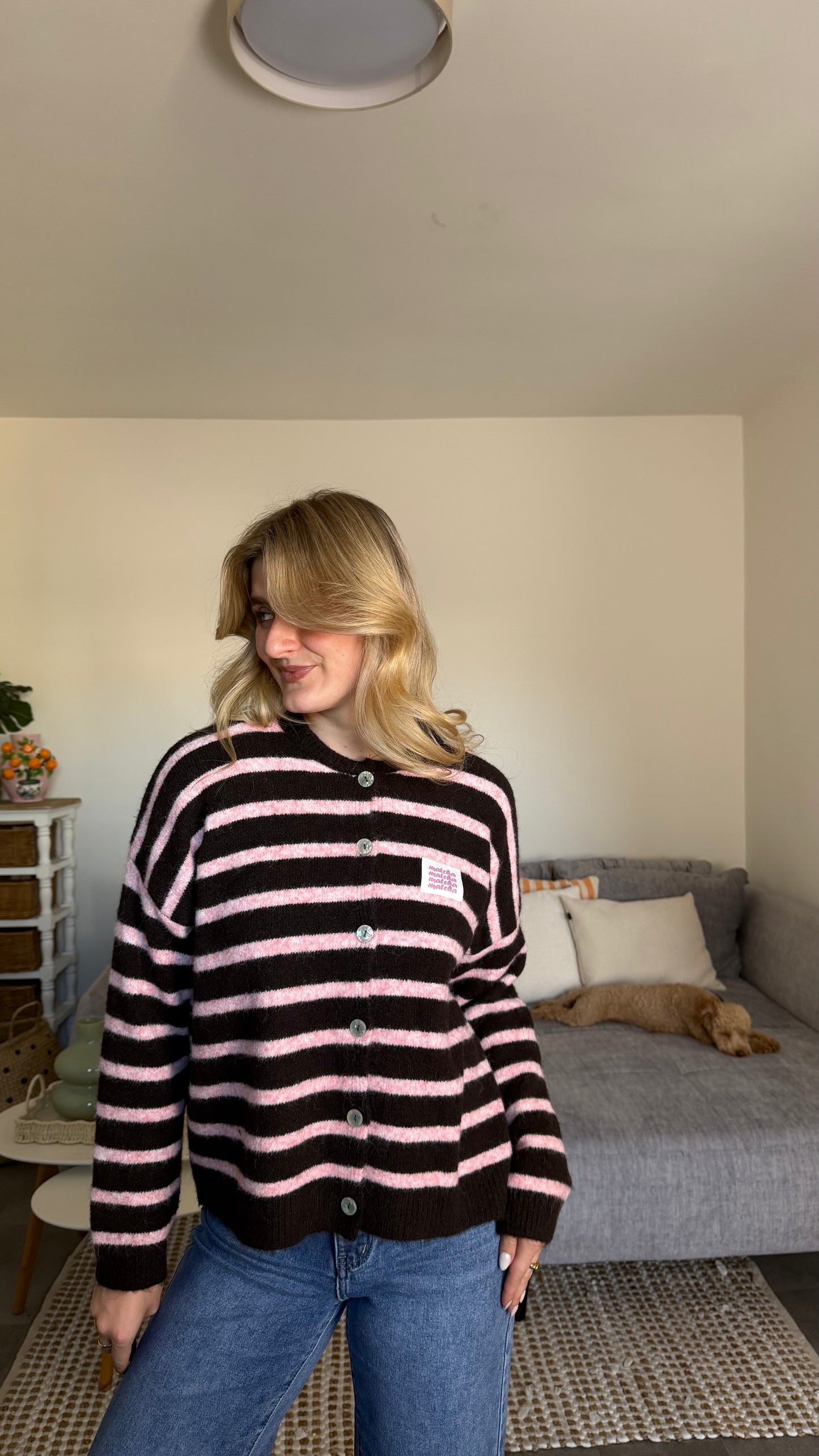 MATCHA PATCH CARDIGAN PINK BROWN