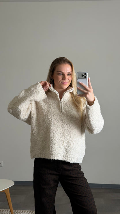TEDDY BOUCLE HALF ZIP SWEATER CREAM