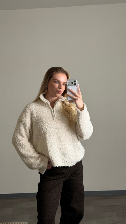 TEDDY BOUCLE HALF ZIP SWEATER CREAM