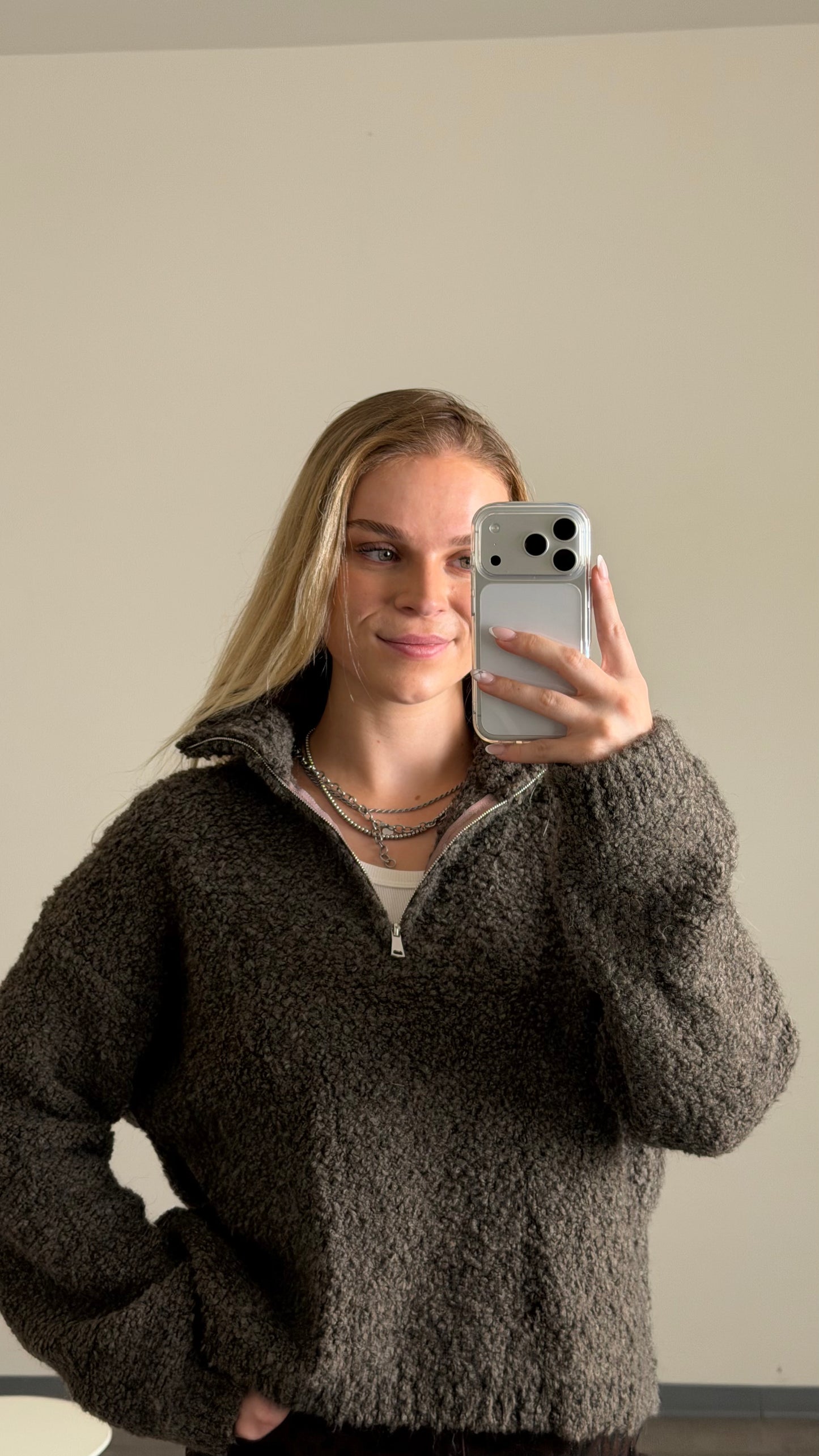 TEDDY BOUCLE HALF ZIP SWEATER MOCCA