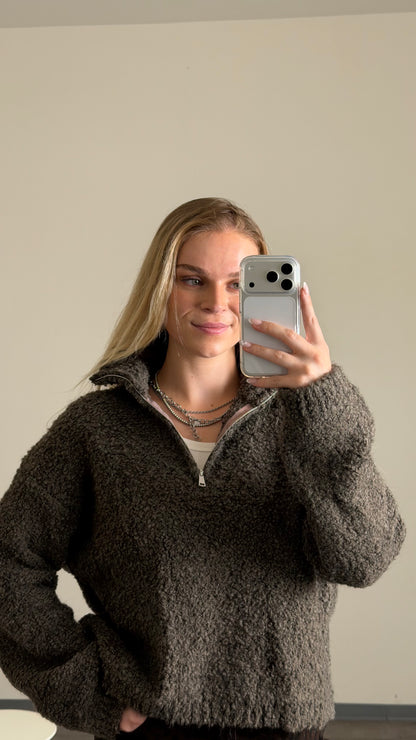 TEDDY BOUCLE HALF ZIP SWEATER MOCCA