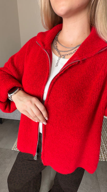 ZIP CARDIGAN CHERRY RED