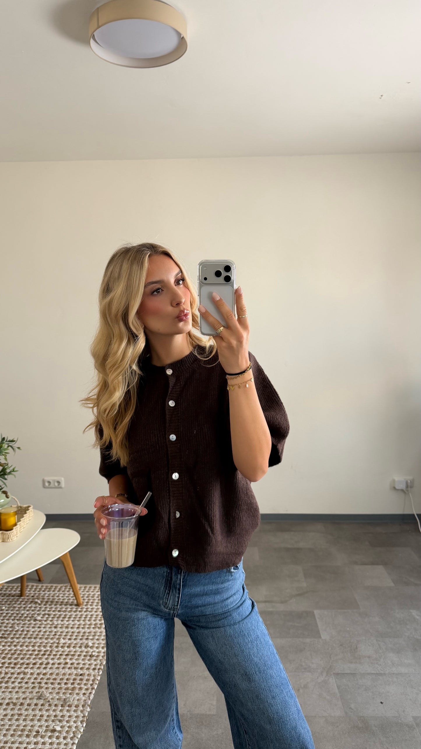 SHORT SLEEVE KNIT CARDIGAN CHOCLATE