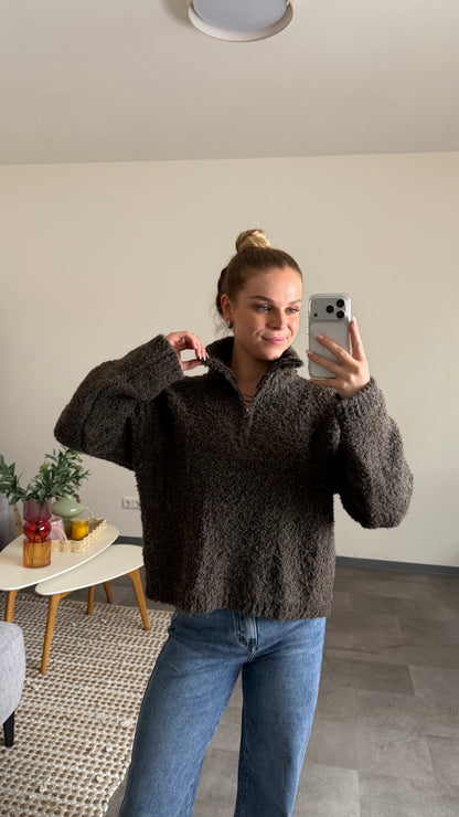 TEDDY BOUCLE HALF ZIP SWEATER MOCCA