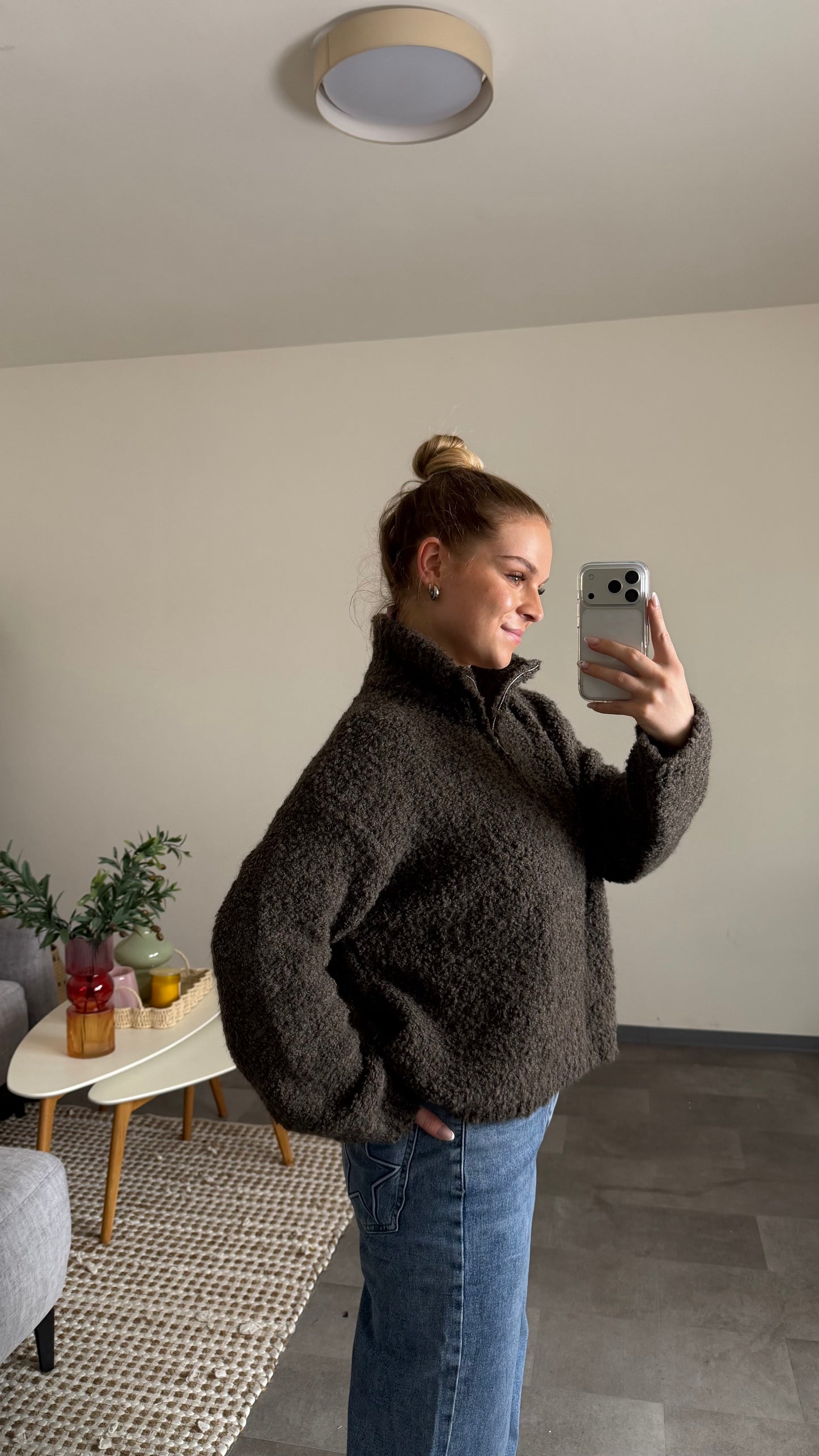 TEDDY BOUCLE HALF ZIP SWEATER MOCCA