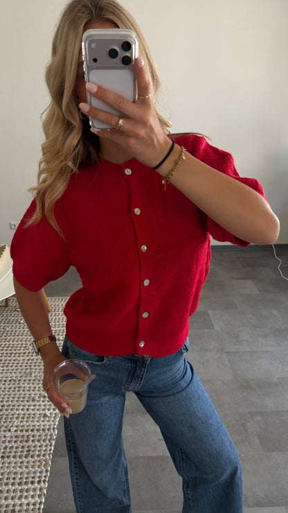 SHORT SLEEVE KNIT CARDIGAN RED