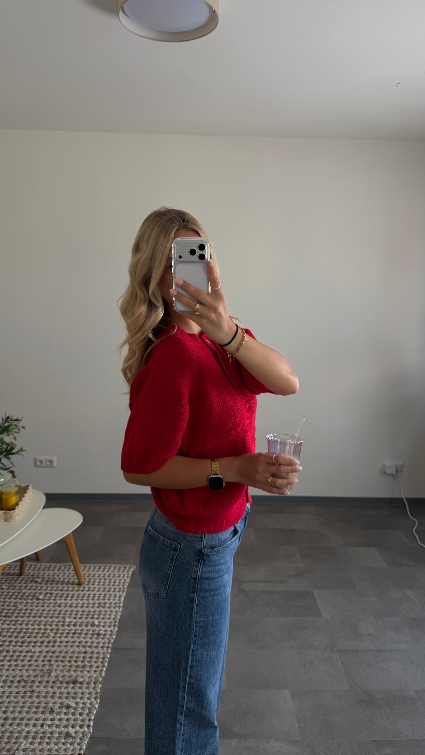 SHORT SLEEVE KNIT CARDIGAN RED