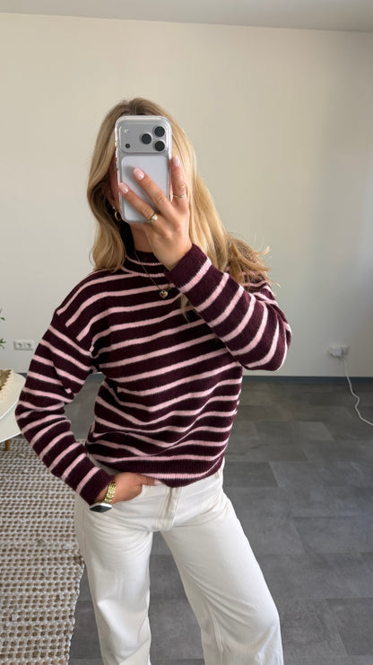 STRIPE KNIT PULLOVER BURGUNDY ROSE