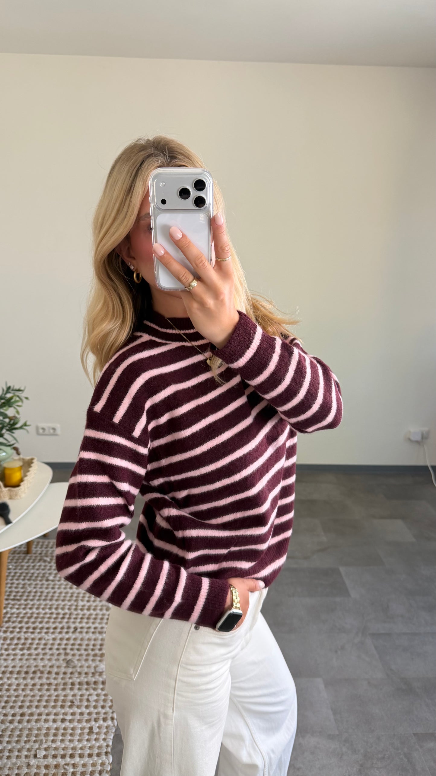 STRIPE KNIT PULLOVER BURGUNDY ROSE