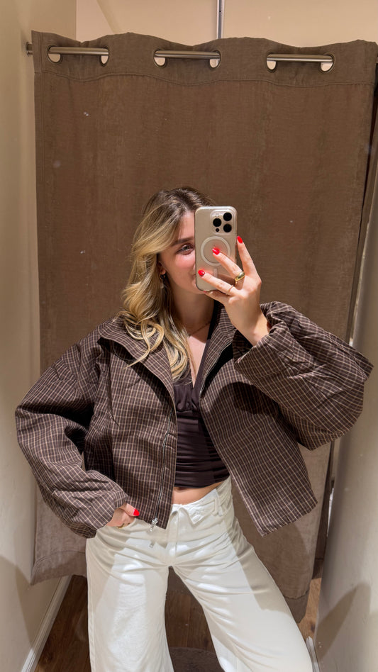OVERSIZED PLAID BOMBER BRAUN