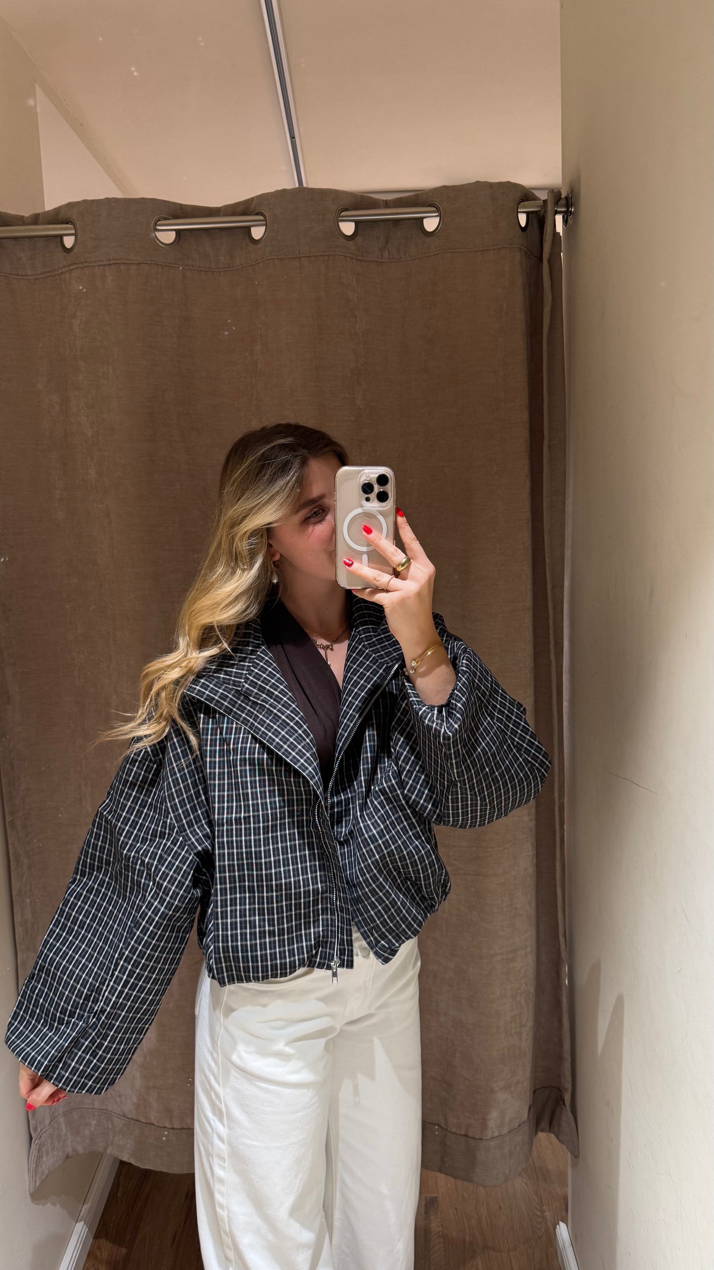 OVERSIZED PLAID BOMBER SCHWARZ
