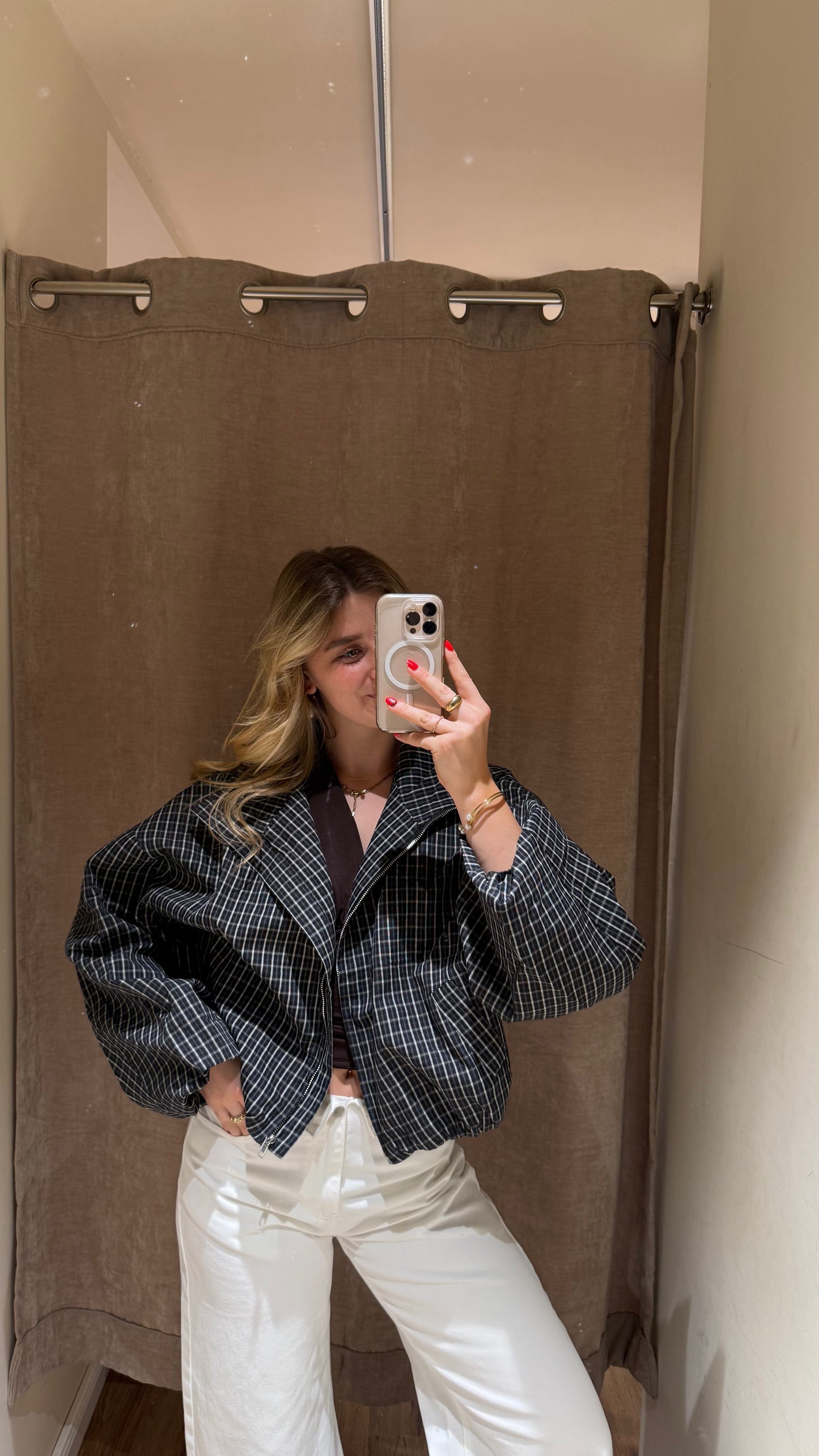 OVERSIZED PLAID BOMBER SCHWARZ