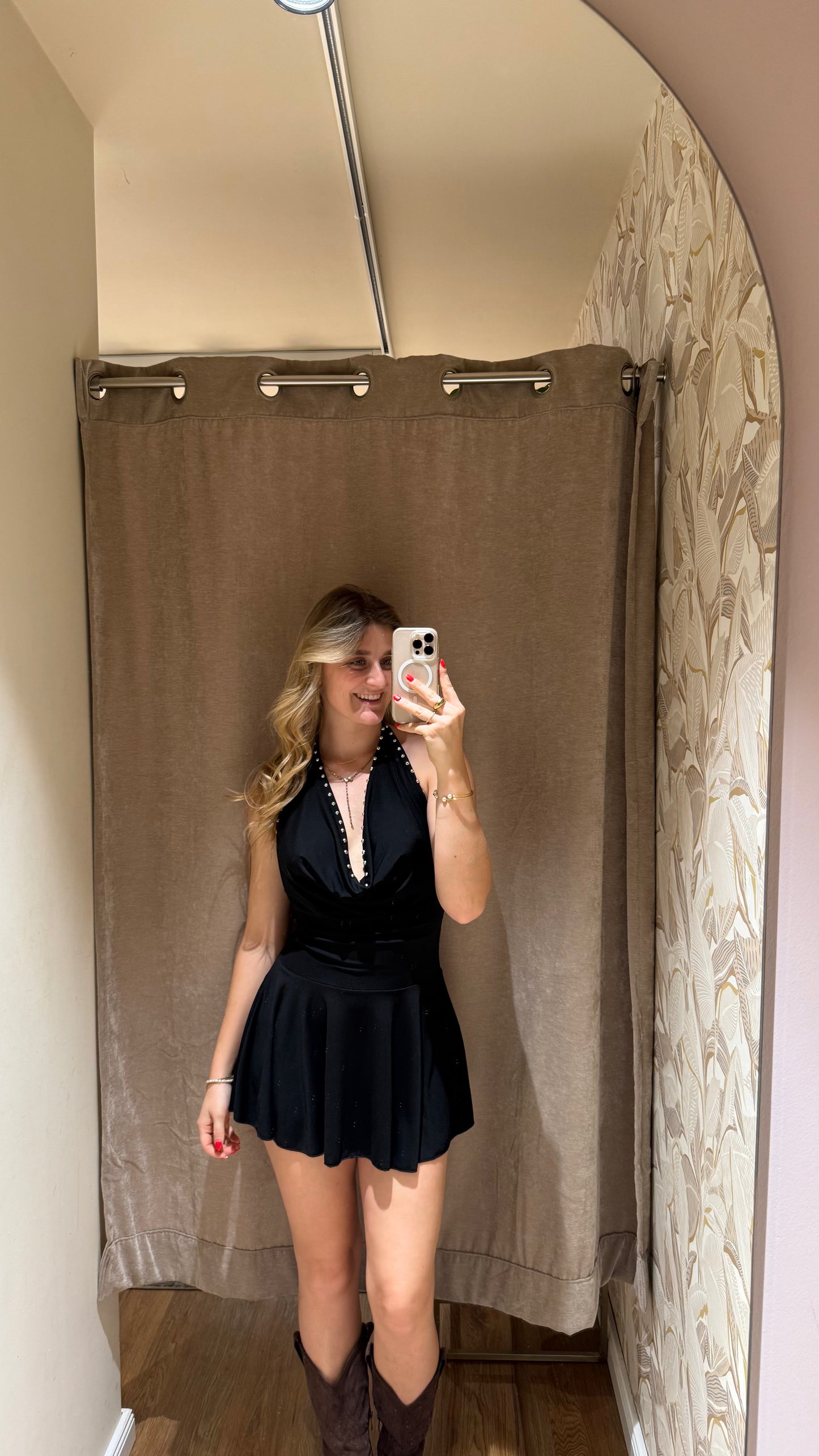 NECKHOLDER STUDDED MINI DRESS SCHWARZ