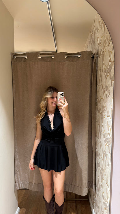 NECKHOLDER STUDDED MINI DRESS SCHWARZ