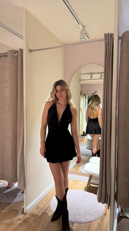NECKHOLDER STUDDED MINI DRESS SCHWARZ