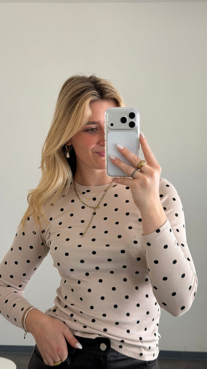 LONGSLEEVE POLKA DOTS BEIGE & BLACK