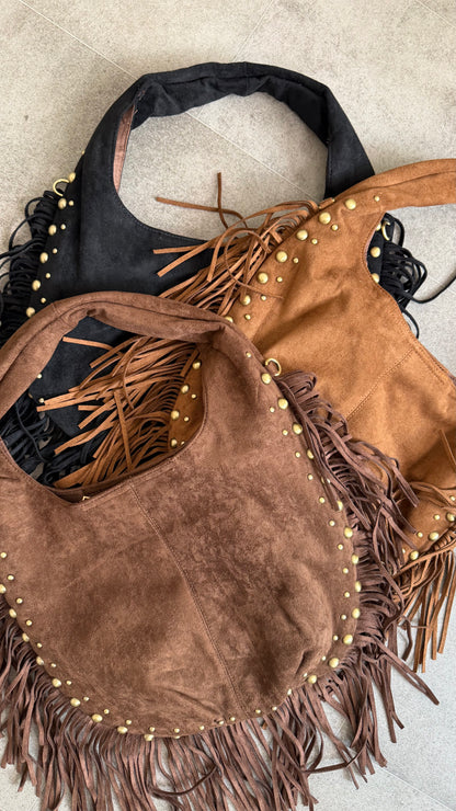 STUDDED FRINGE BAG BROWN