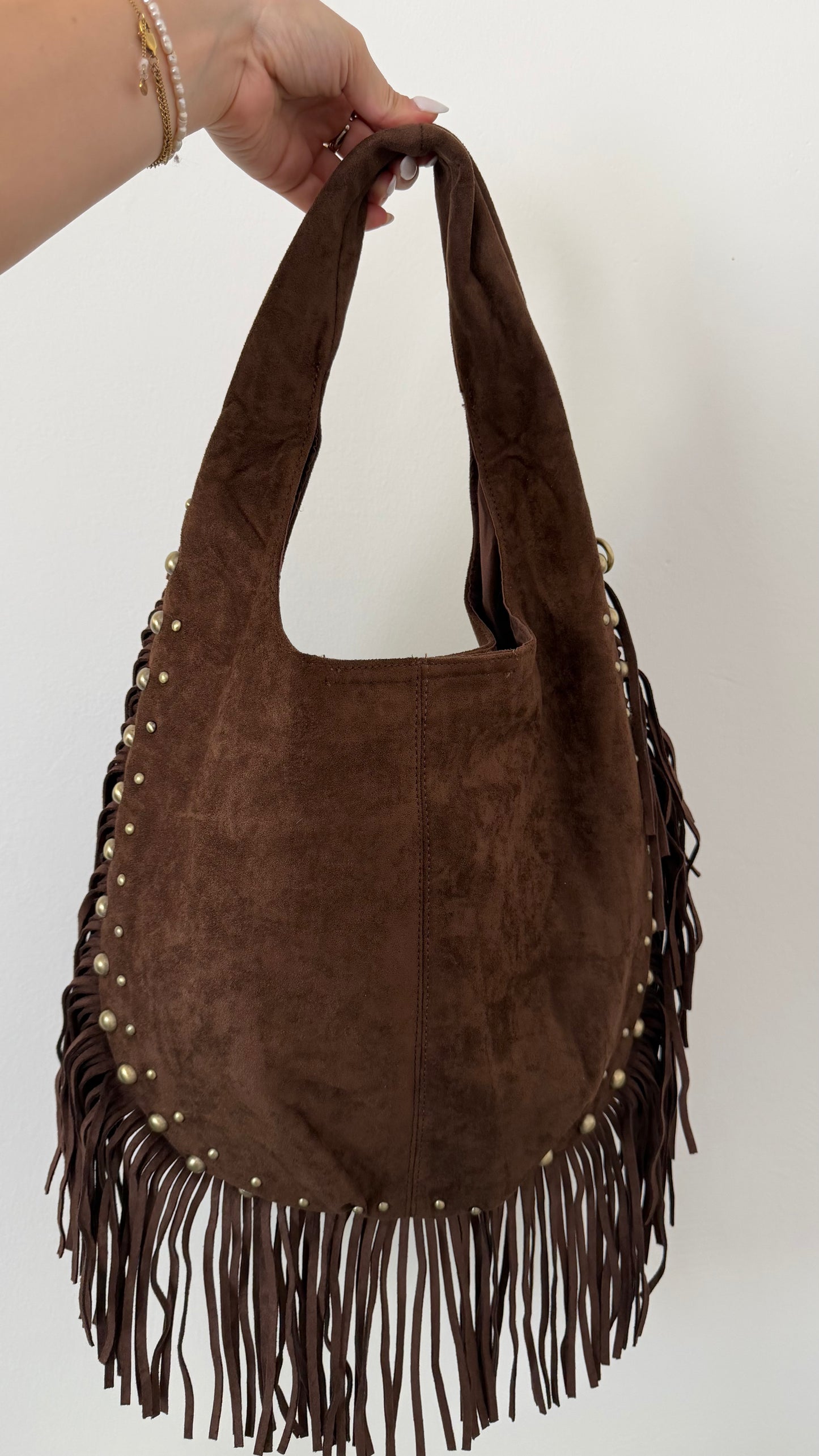 STUDDED FRINGE BAG BROWN