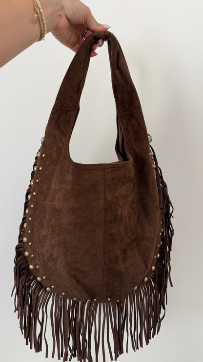 STUDDED FRINGE BAG BROWN