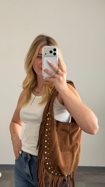 STUDDED FRINGE BAG CAMEL