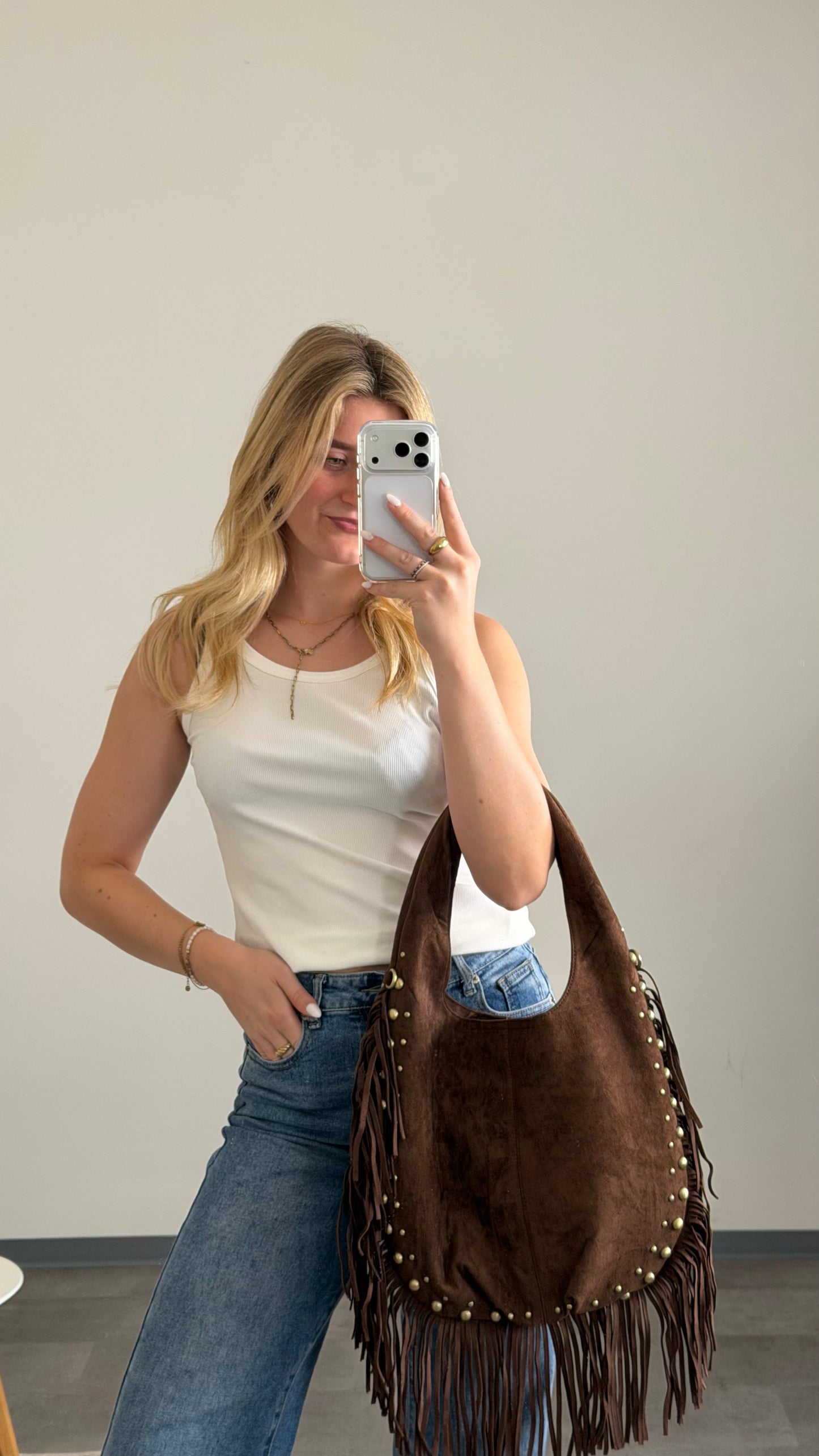 STUDDED FRINGE BAG BROWN