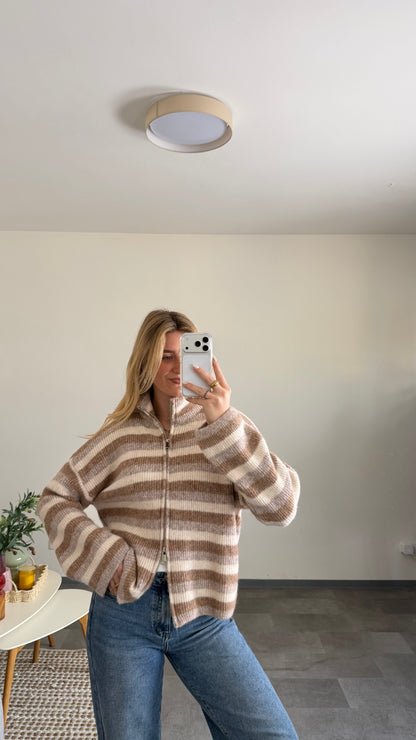 ZIP CARDIGAN STRIPE BEIGE