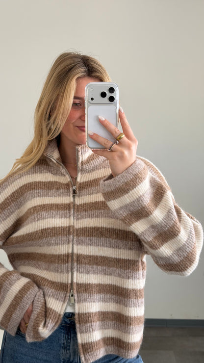ZIP CARDIGAN STRIPE BEIGE