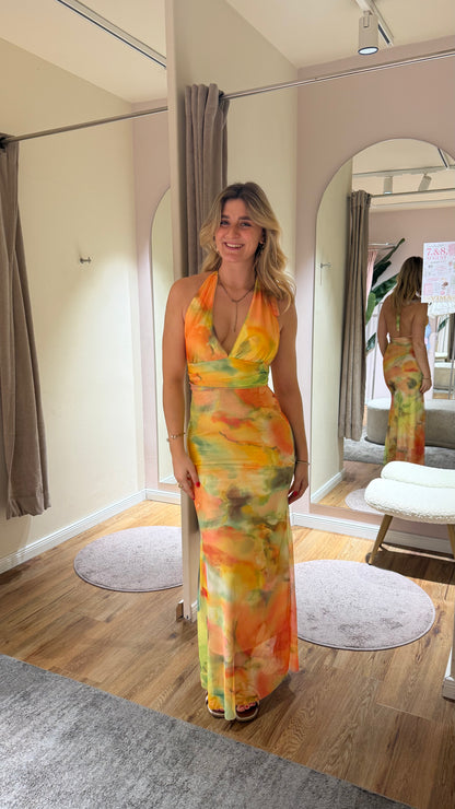 NECKHOLDER SUNSET MESH DRESS GELB