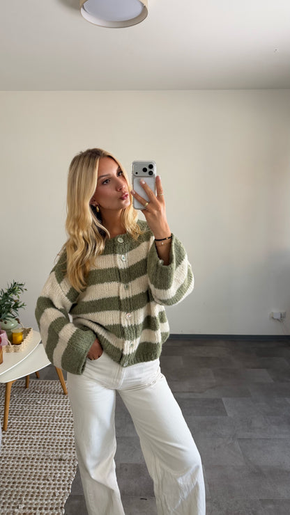 SAGE STRIPE BUTTON CARDIGAN