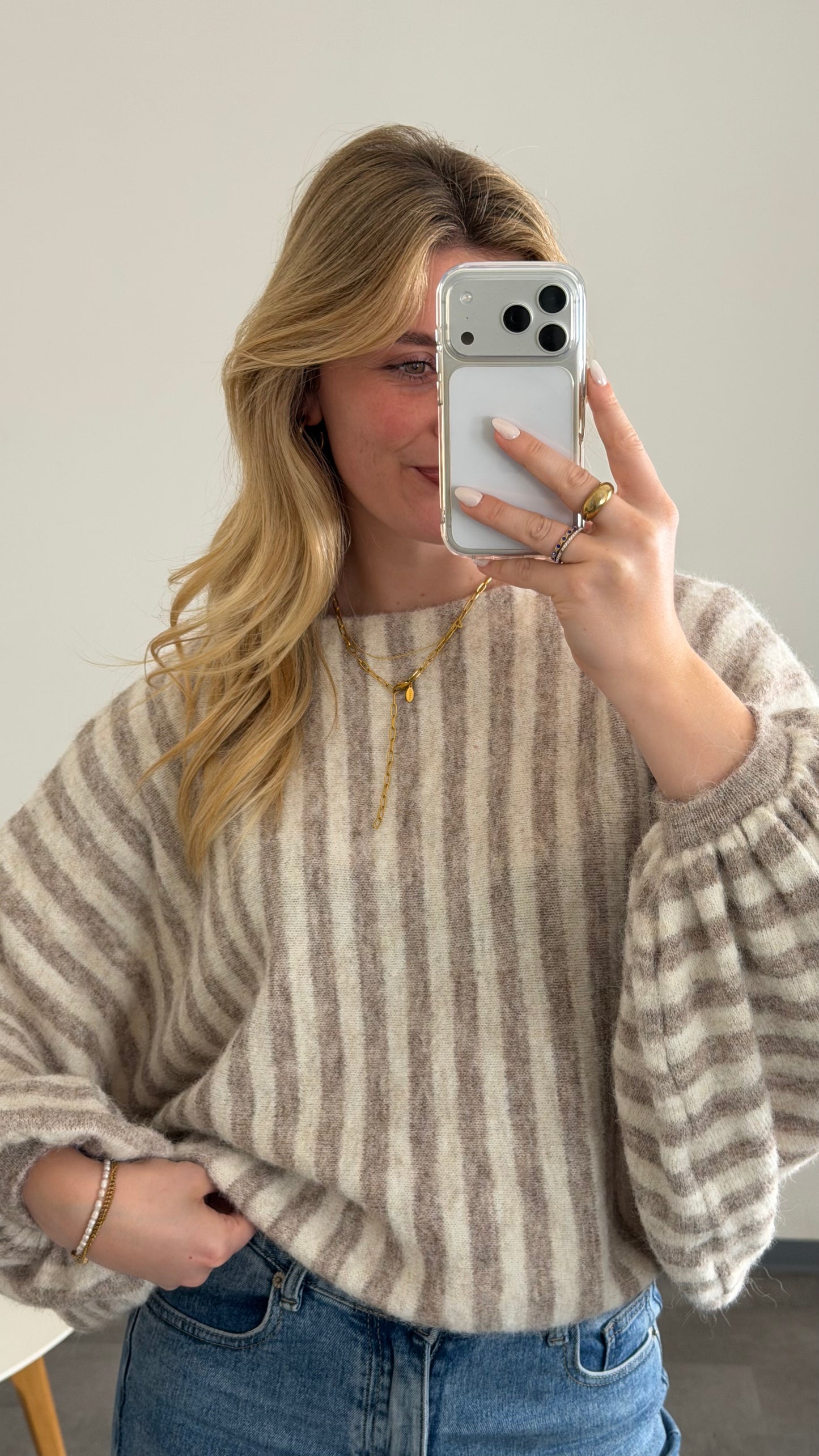 STRIPED BALLOON KNIT PULLOVER BEIGE VANILLA