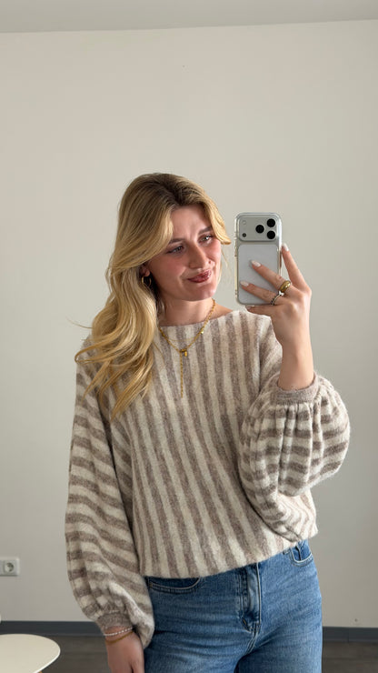 STRIPED BALLOON KNIT PULLOVER BEIGE VANILLA