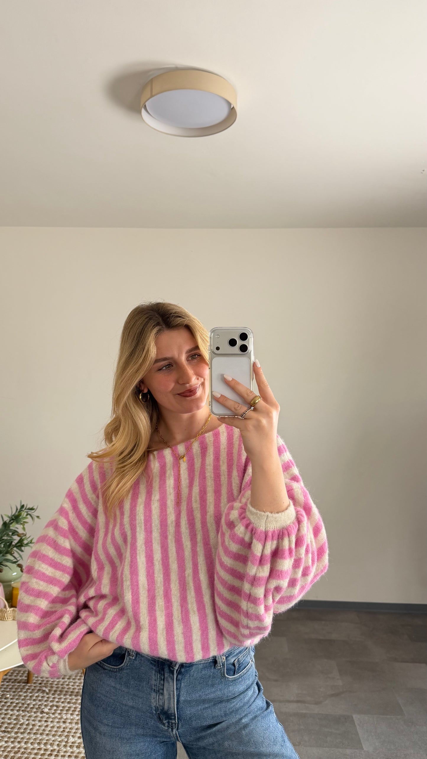 STRIPED BALLOON KNIT PULLOVER ROSE VANILLA