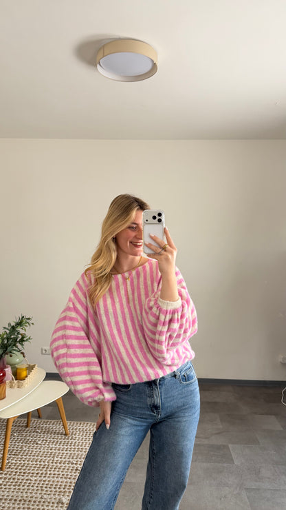 STRIPED BALLOON KNIT PULLOVER ROSE VANILLA