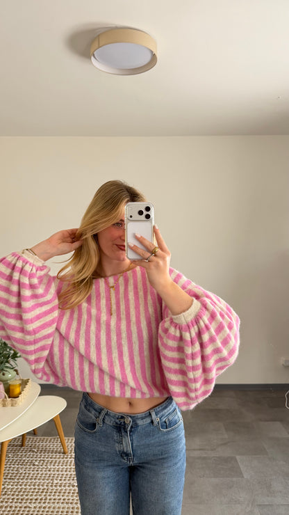 STRIPED BALLOON KNIT PULLOVER ROSE VANILLA