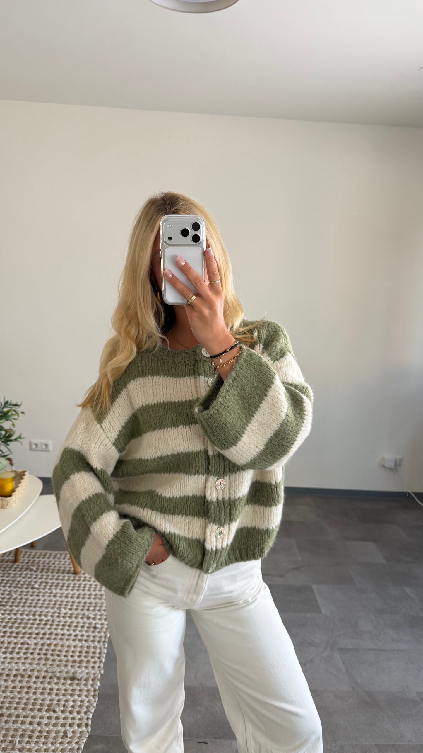 SAGE STRIPE BUTTON CARDIGAN