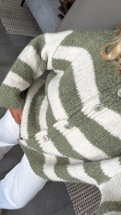 SAGE STRIPE BUTTON CARDIGAN