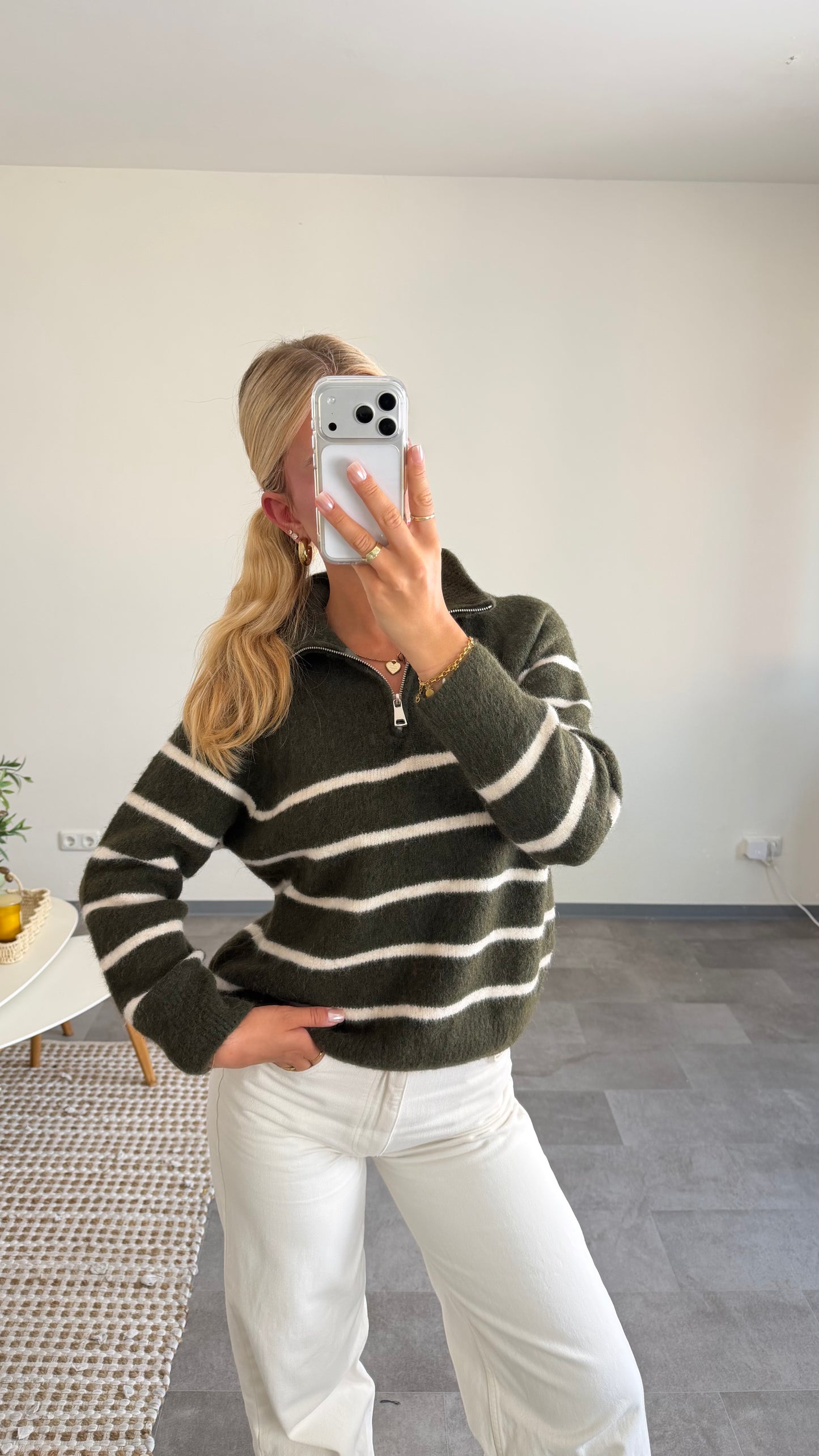 OLIVE STRIPE HALF-ZIP