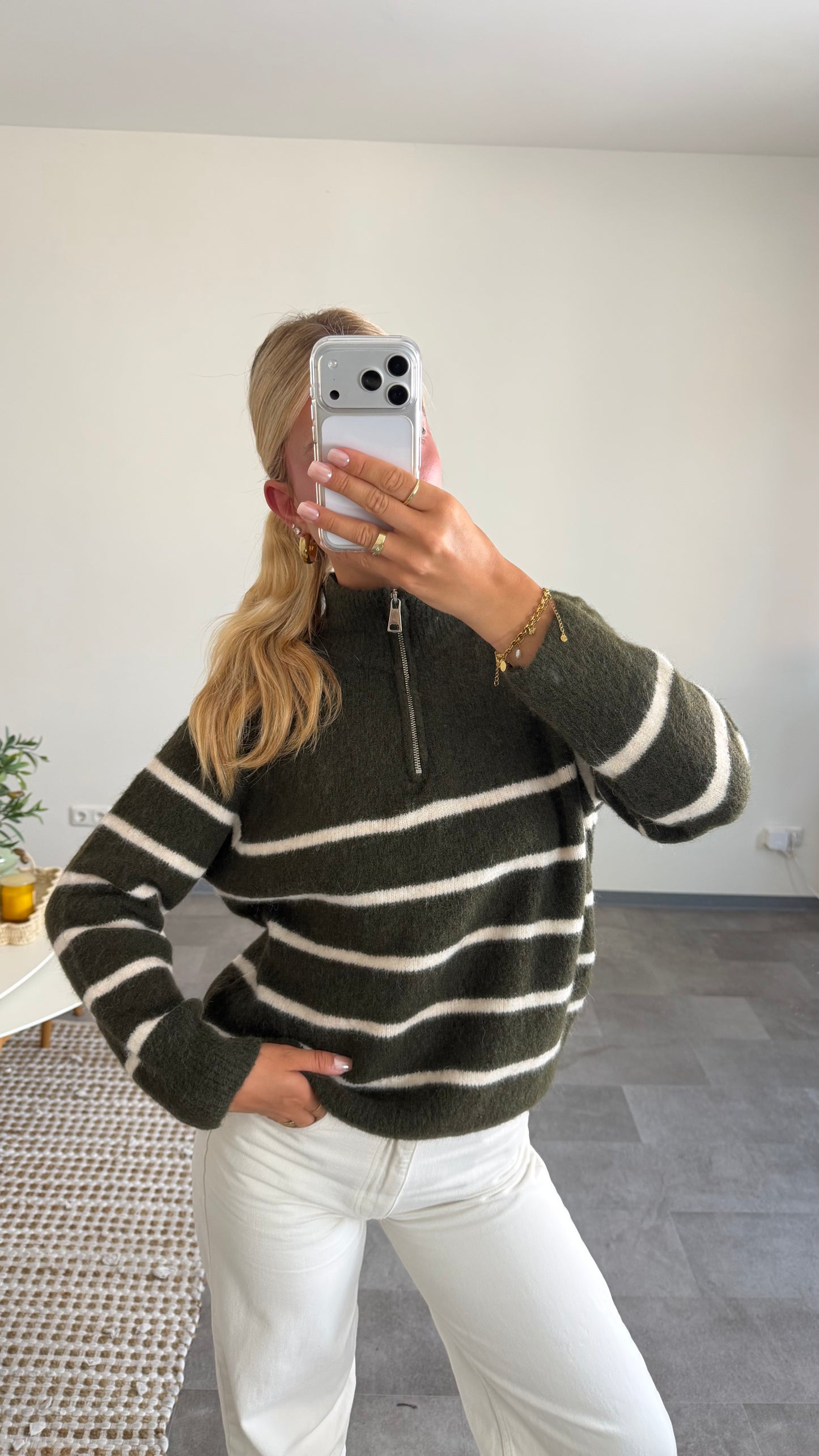 OLIVE STRIPE HALF-ZIP