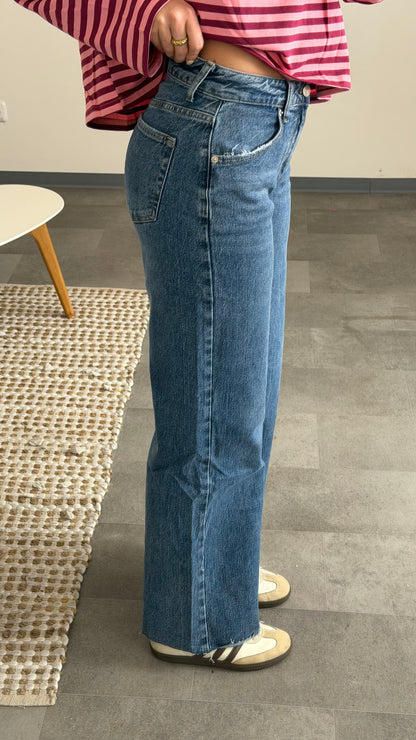 RAW EDGE WIDE LEG BLUE JEANS