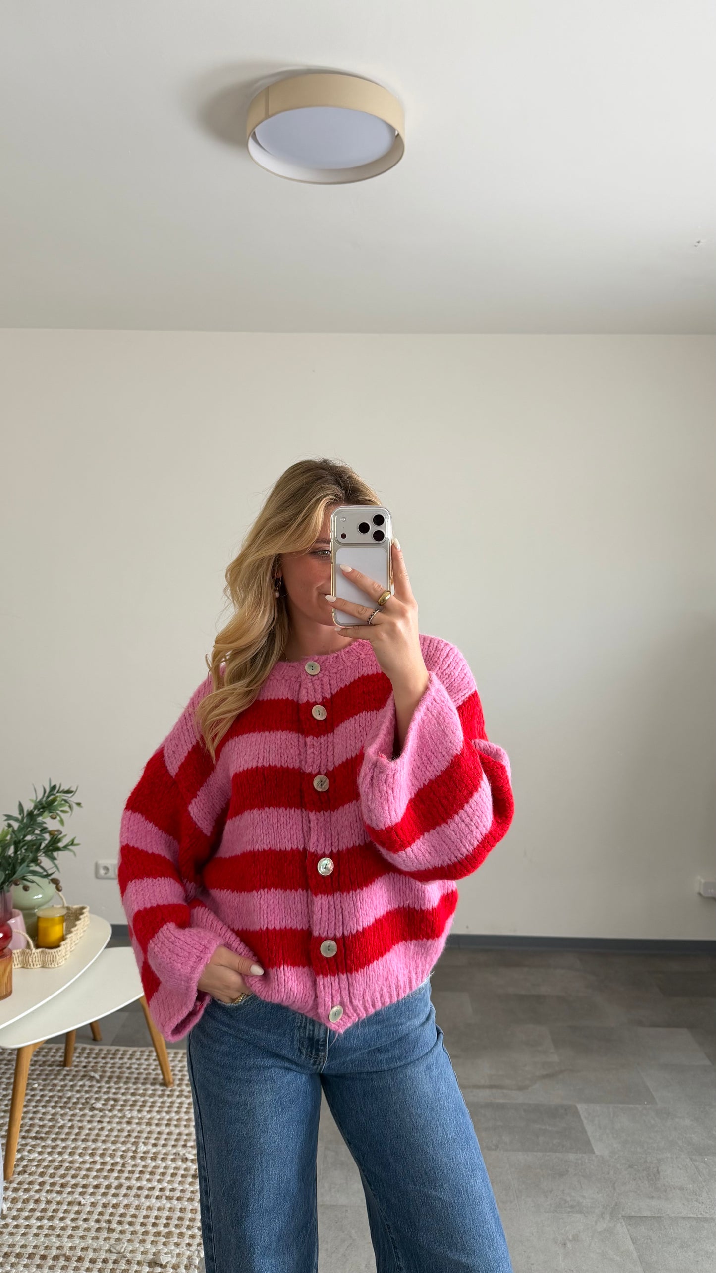 HIGH NECK BUTTON STRIPE CARDIGAN CHERRY